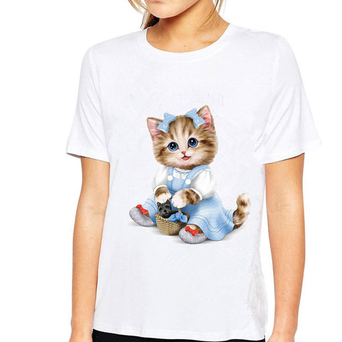 Cute Cartoon Cat Print Women T Shirt