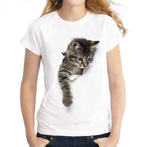 3D Cat Print White Soft Women T-Shirt