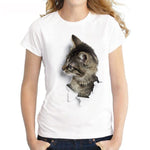 3D Cat Print White Soft Women T-Shirt